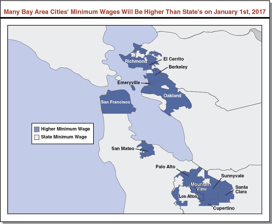 This map shows that many Bay Area cities' minimum wages will be higher than the state's minimum wage on January 1, 2017.
