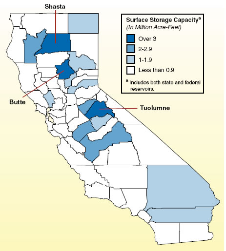 Surface Storage capacity concentrated in northern and central foothill areas of the state