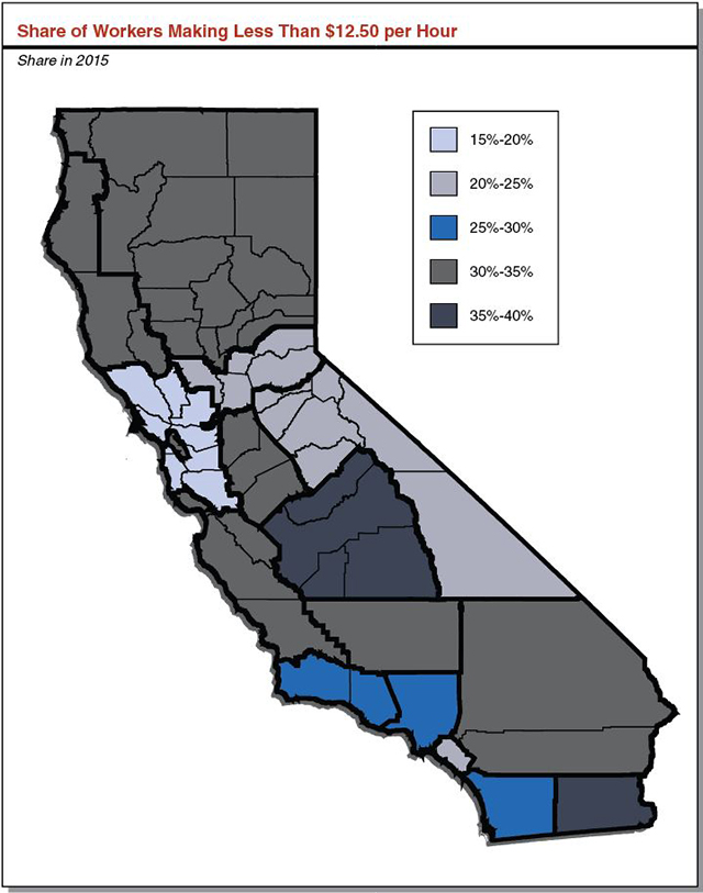 This map shows how the share of workers making less than $12.50 per hour varies across California's regions.