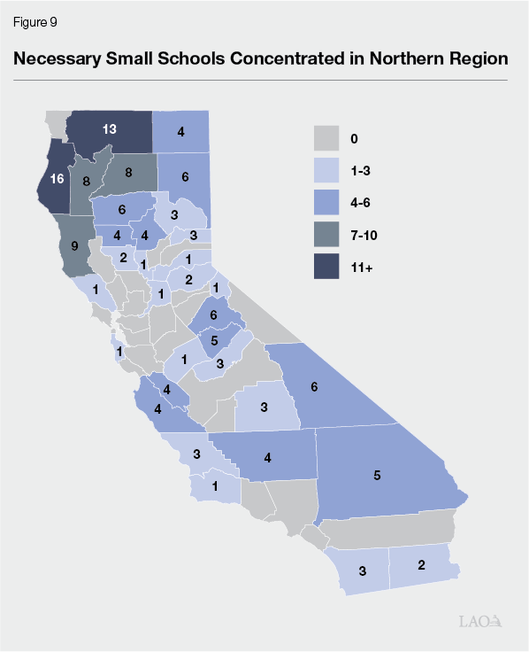 Figure 9 - Necessary Small Schools Concentrated in Far North and Central Valley